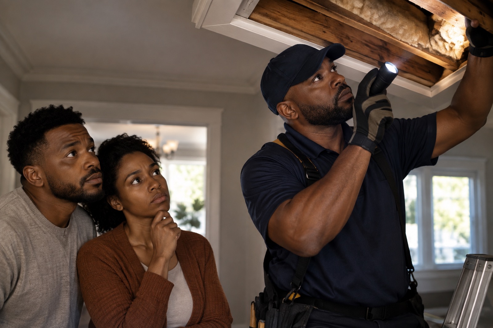Inspector examining a home exterior condition during a professional inspection