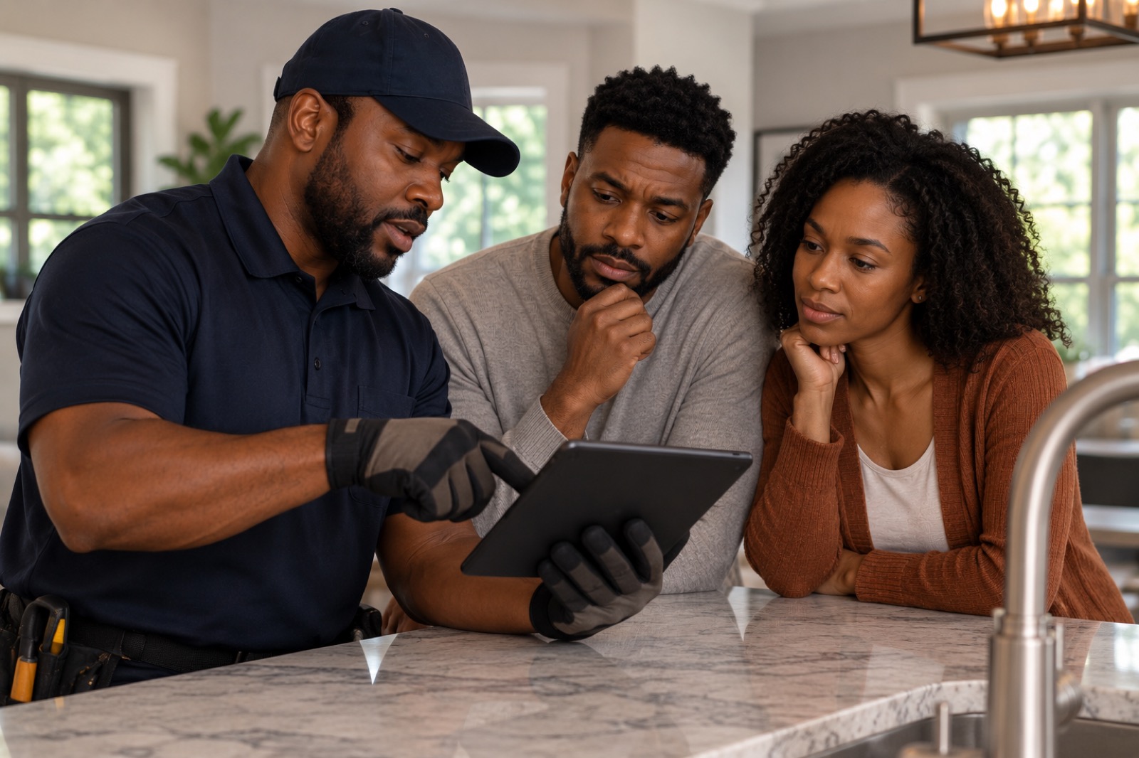 Inspector explaining inspection information on a tablet to homeowners
