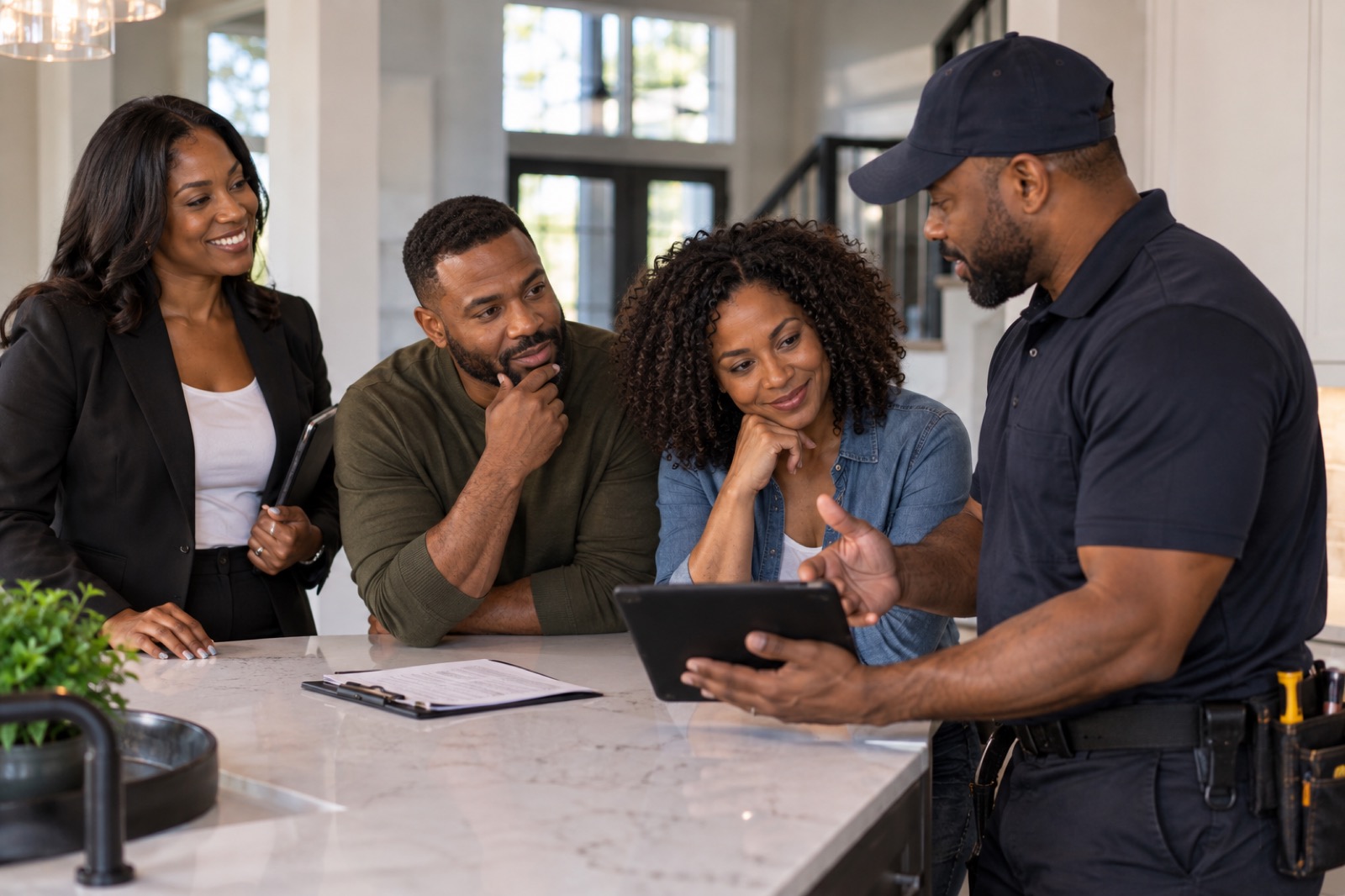Realtor observing an inspector calmly reviewing inspection information with clients