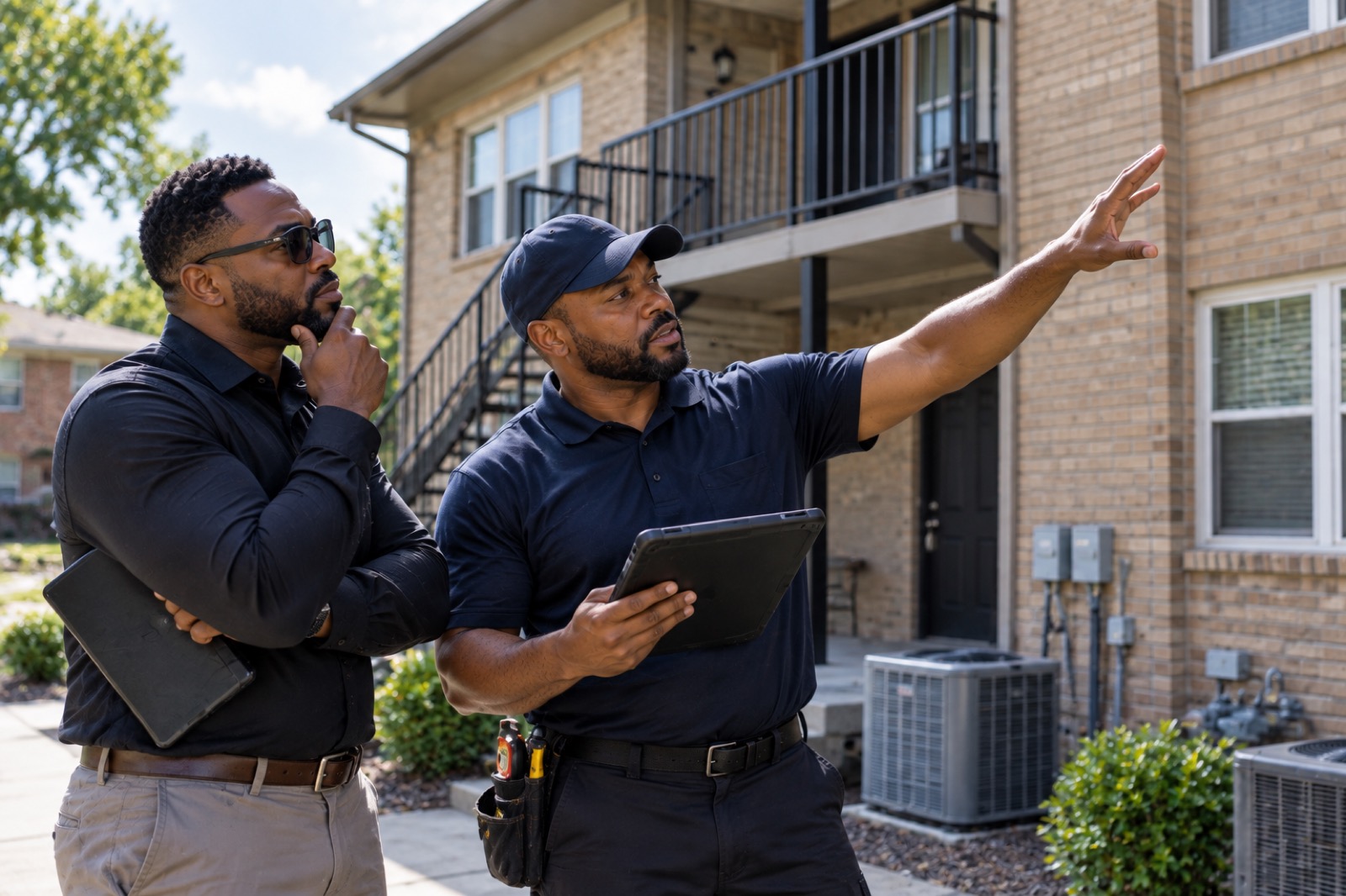 Inspector pointing out exterior building conditions to a property professional