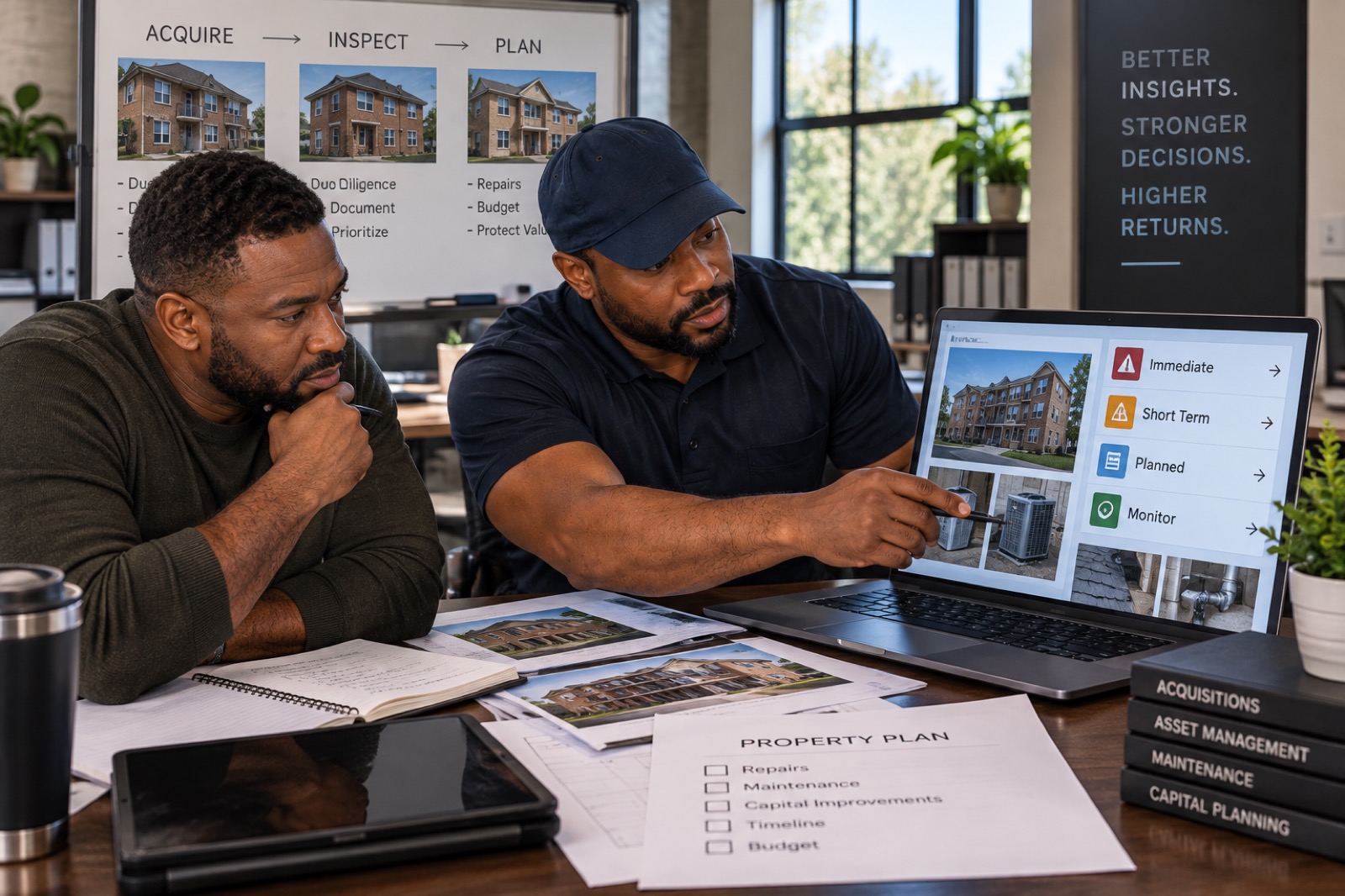 Property professional and inspector reviewing condition planning materials