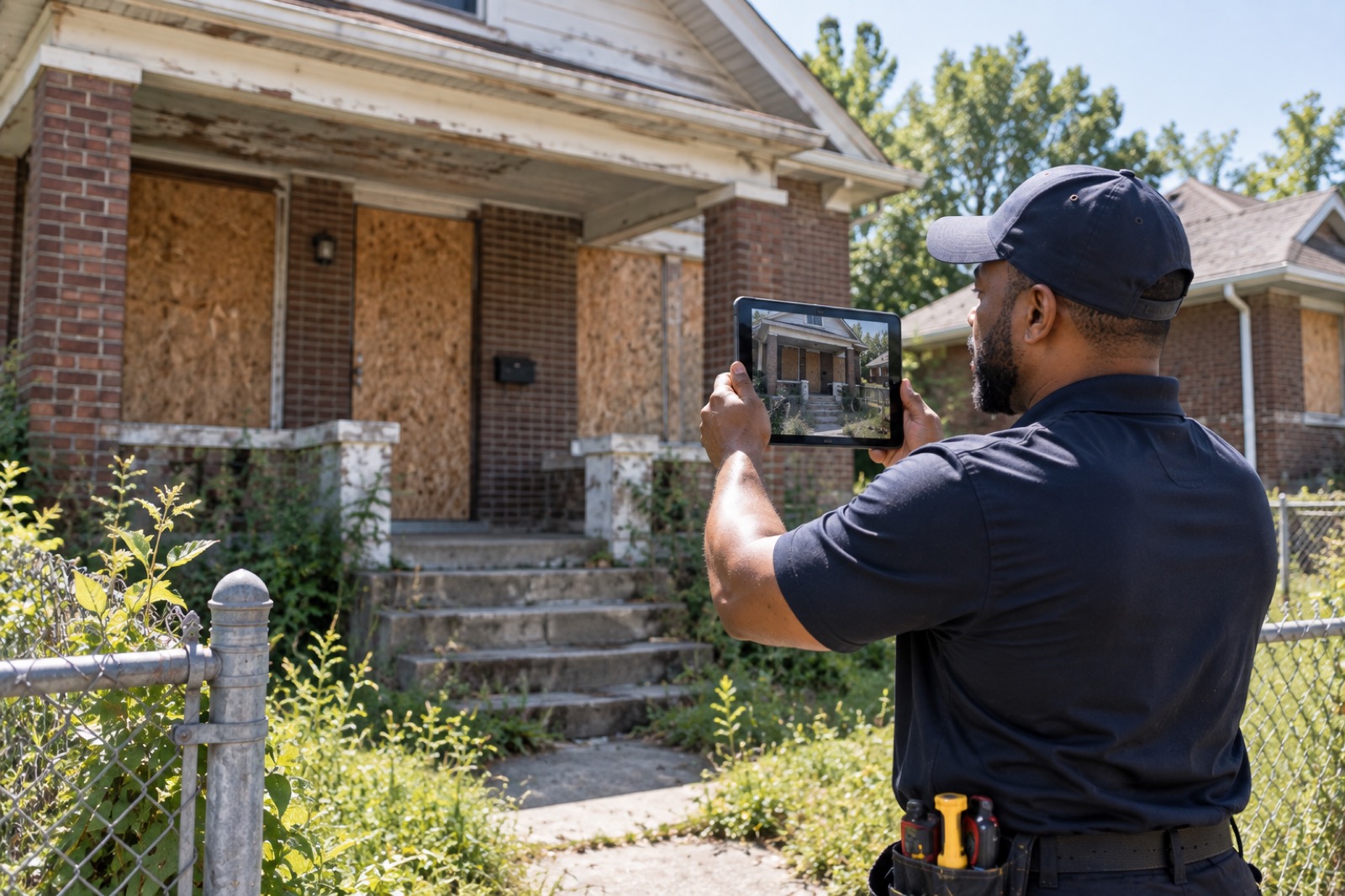 Field professional documenting the condition of a vacant residential property with a tablet