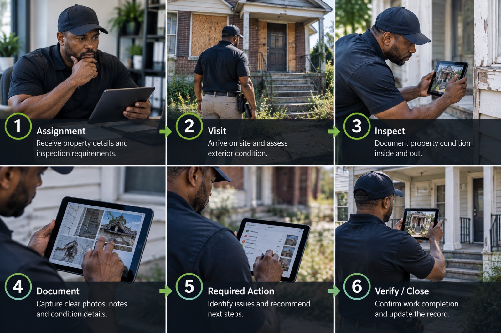 Six-stage property preservation workflow showing assignment, visit, inspect, document, required action, and verification