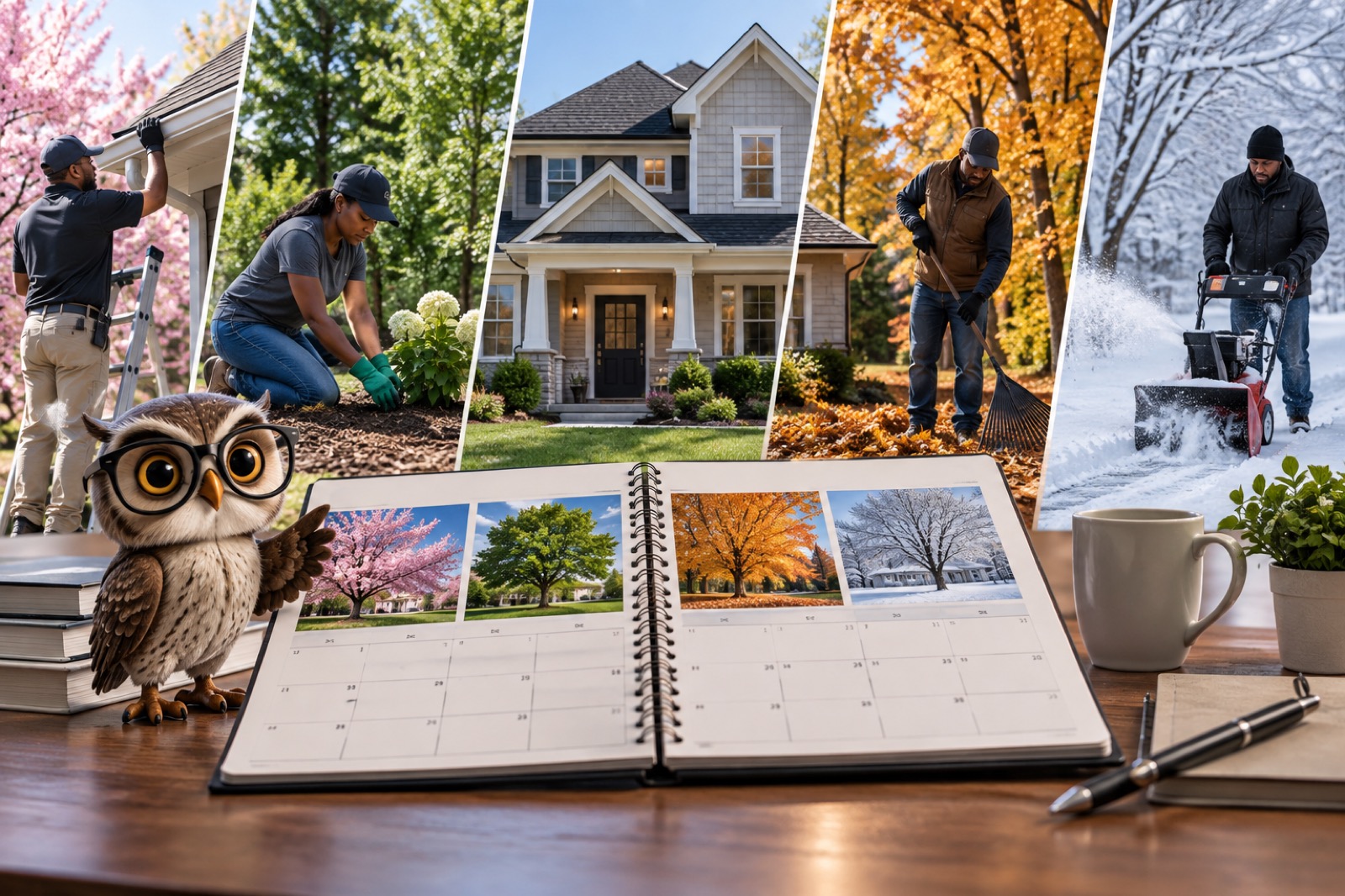 Seasonal homeowner maintenance planning visual with Quill and a calendar