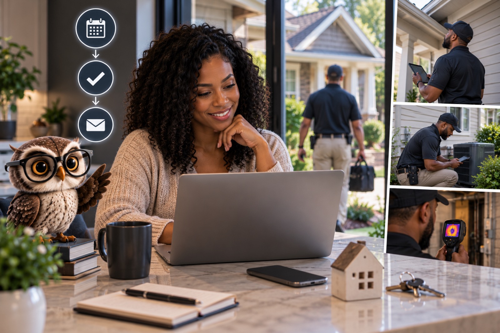 Homeowner using a laptop while planning next steps for a home inspection