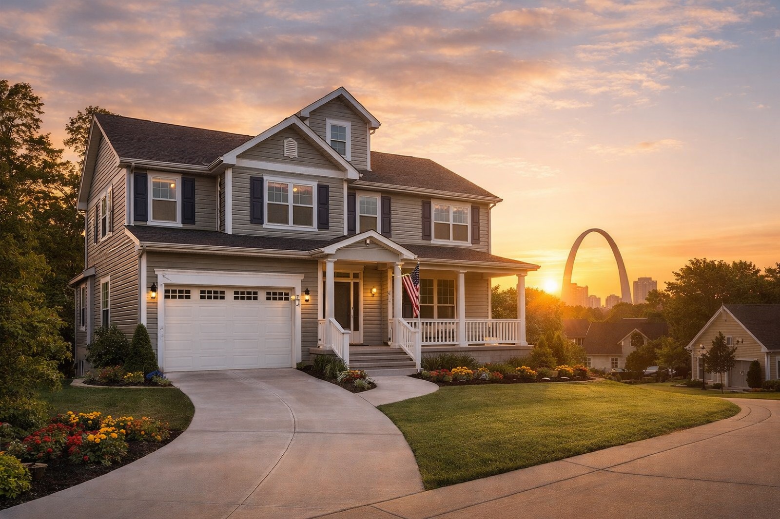 St. Louis residential home scene at sunset with local skyline context