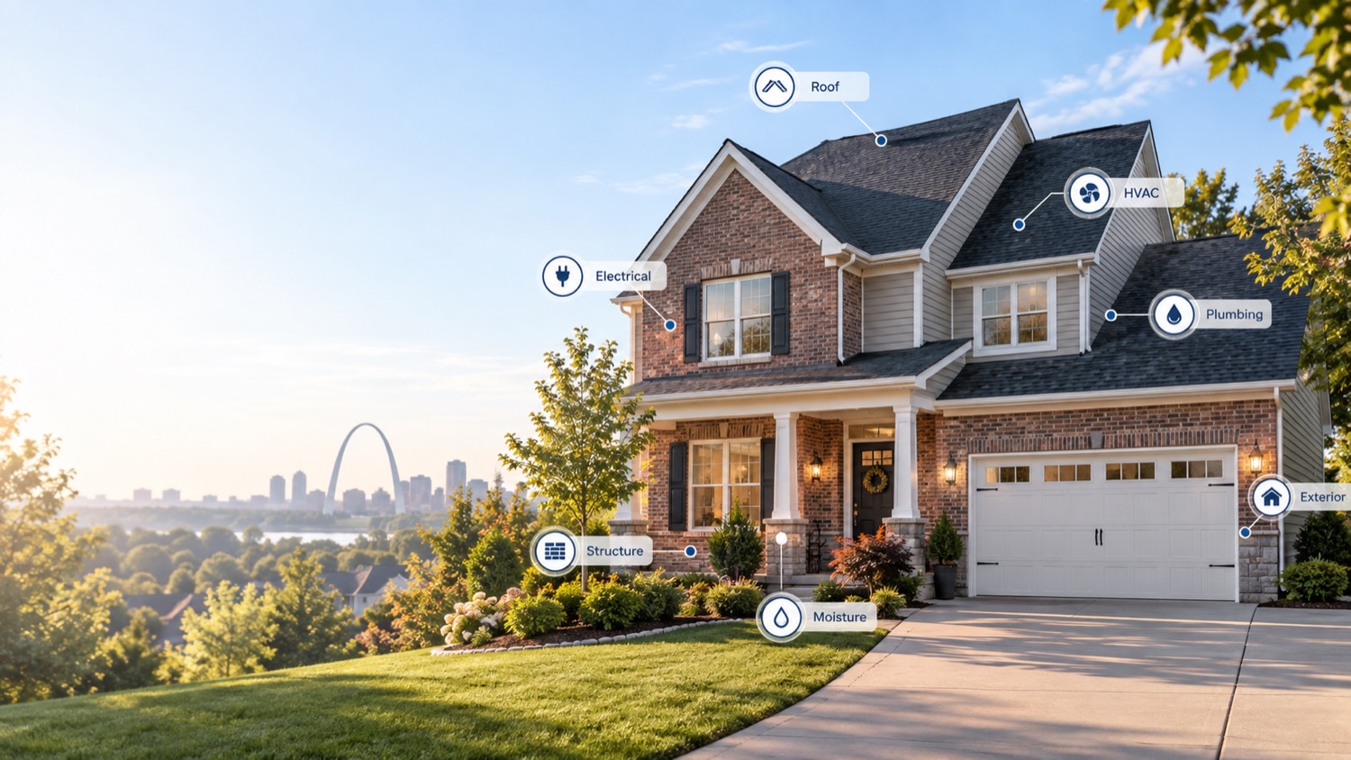 Home with visual callouts for roof, electrical, HVAC, plumbing, exterior, moisture, and structure systems